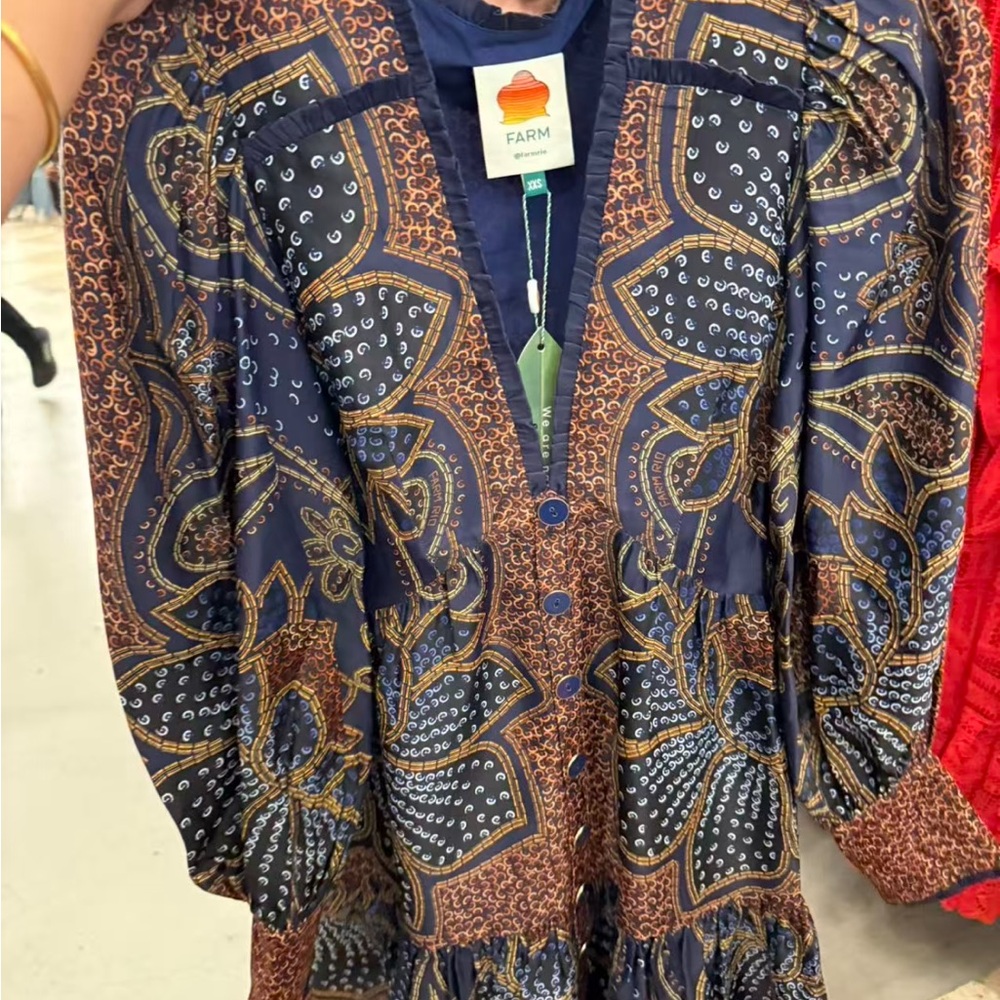 FARM Rio Floral Glam Blue mini dress Navy and Brown Paisley Dress NWT size XS